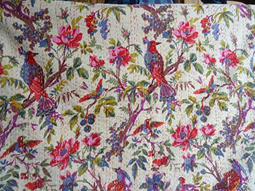 Tribal Asian Textiles Hand Made Bird Print King Size Kantha Quilt , Kantha Blanket, Bed Cover, King Kantha bedspread - Image 3
