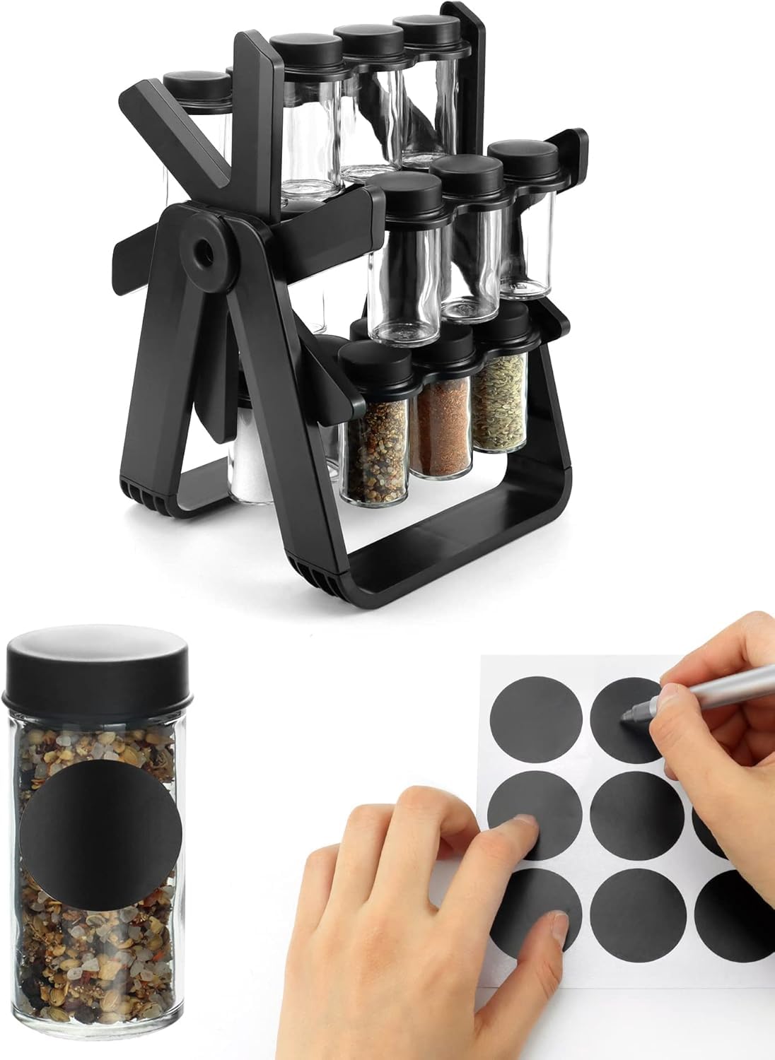 Étagère à épices rotative noire avec 18 boîtes à épices pour comptoirs de cuisine, armoires, pots d'assaisonnement, étagères