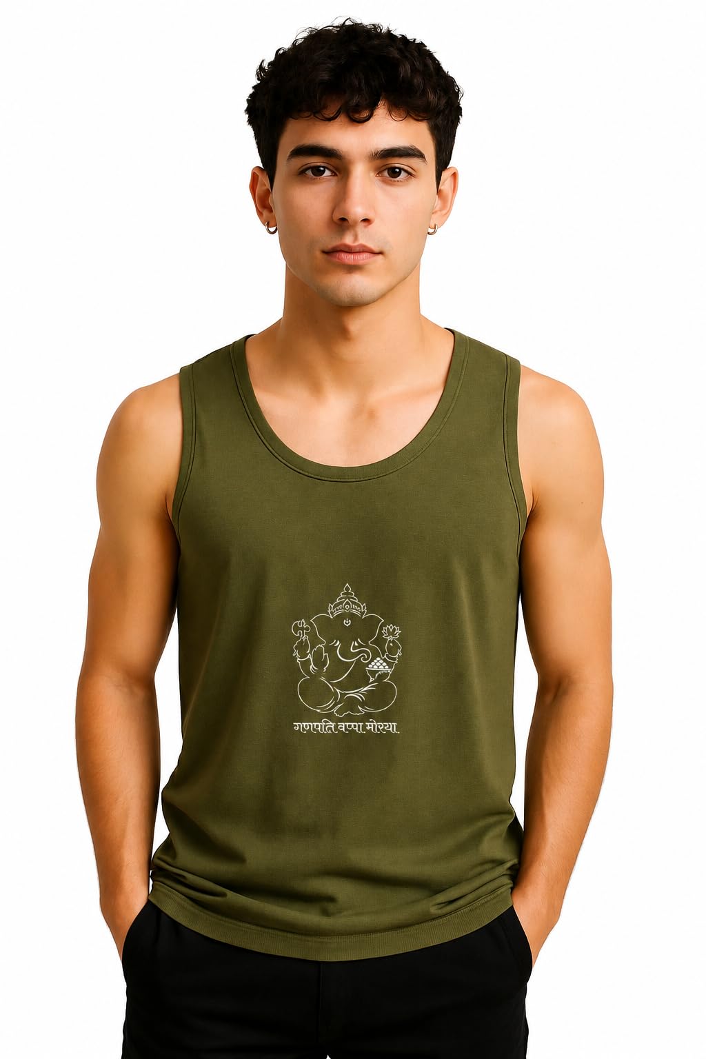 Men Sleeveless Vest with Lord Ganesha Print | Premium Cotton Round Neck Tank Top | Regular Fit Casual Gym Summer Wear Graphic Printed T-Shirt for Men-image-10