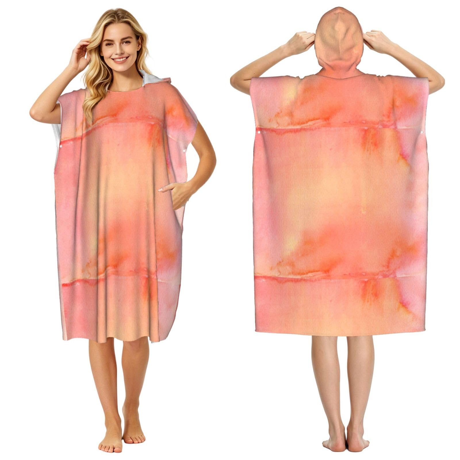 Poadnly Coral Watercolor Shades Pink Orange, Adult Hooded Beach Towel 90 x 110 cm,Changing Bath Robe, Surf Poncho Towel For Women Men