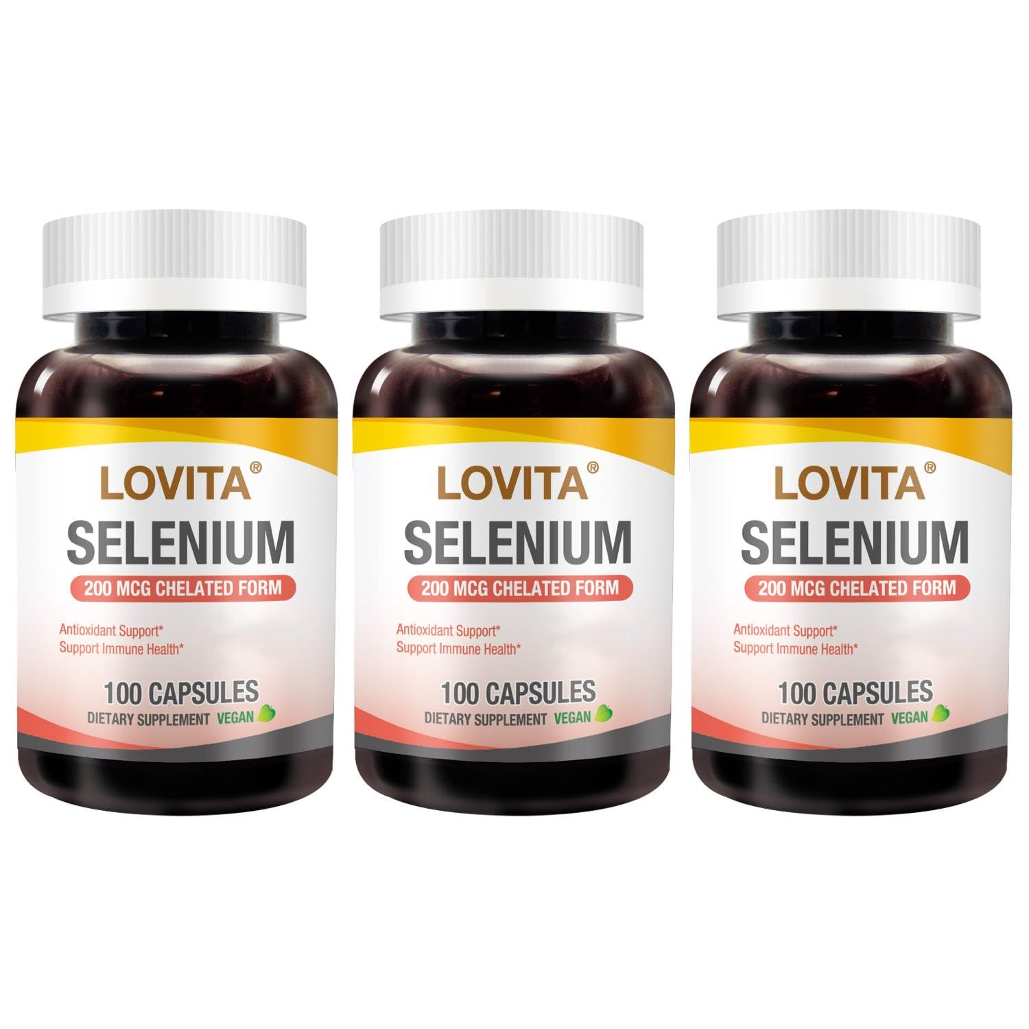 LOVITA Selenium 200 mcg, Glycinate Chelated Form for High Absorption, Yeast Free, Immune & Thyroid Health Support 100 Vegan Capsules (Pack of 3) 100 Count (Pack of 3)