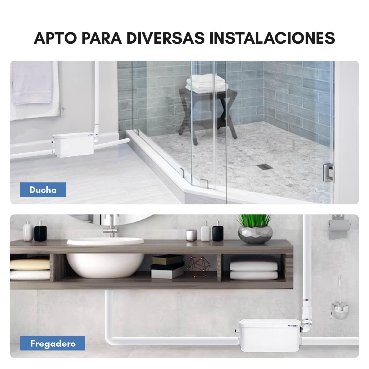 Aquamatix pequeña estación de elevación, 250 W con triturador compacto, bomba de aguas residuales hasta 8 m de altura de descarga, con 2 entradas, para ducha y lavabo
