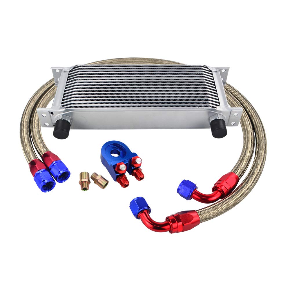 Enfriador De Aceite,Enfriador De Aceite Del Motor Kit de refrigerador de aceite de transmisión universal 16 filas + adaptador de sándwich de filtro de aceite + manguera de combustible trenzado de acer