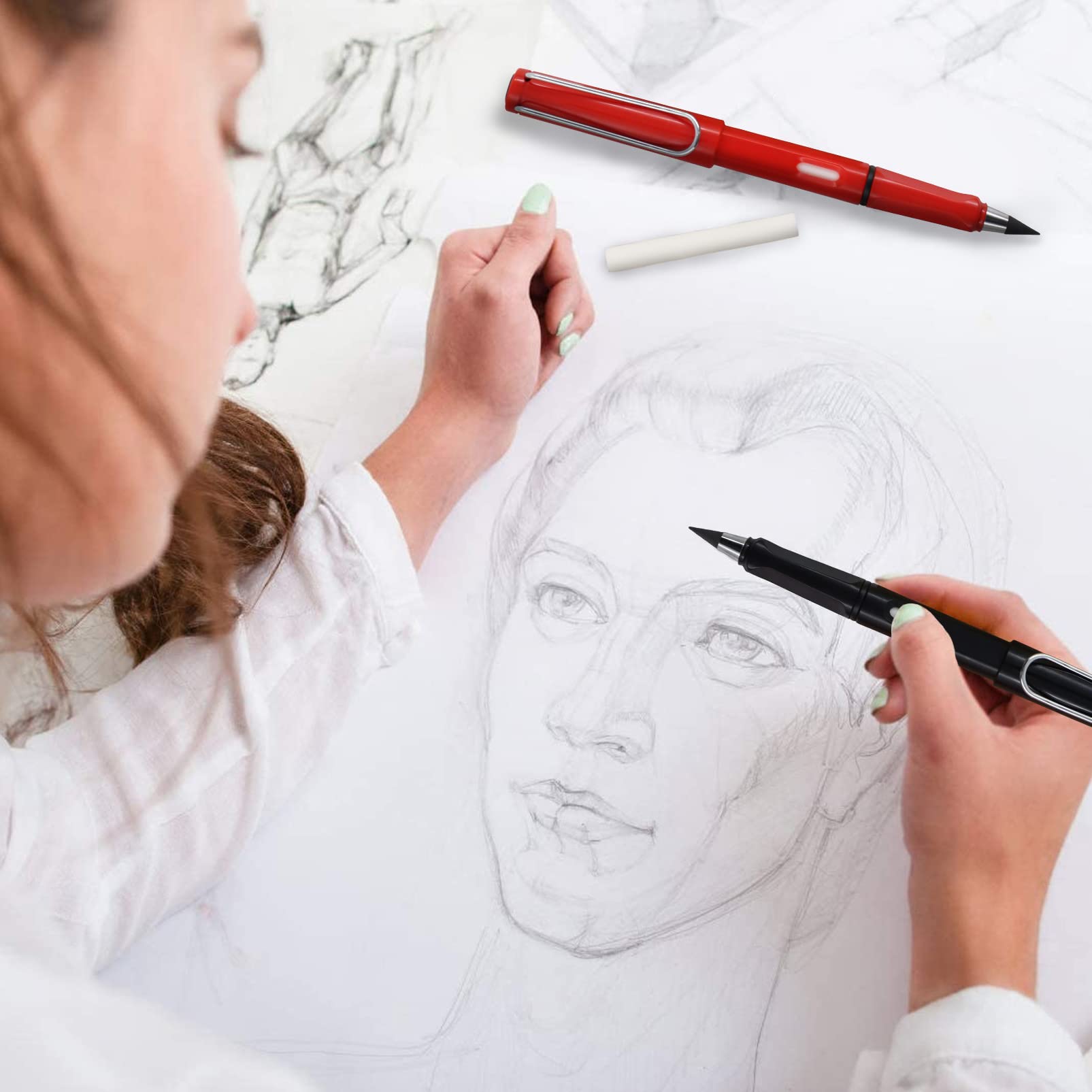 OFFCUP Crayon Sans Encre Éternel, 6pcs Crayon Éternel Portable Réutilisable, Tête Crayons Remplaçable Crayons De Papier En Graphite, Stylo à Dessin (Blanc