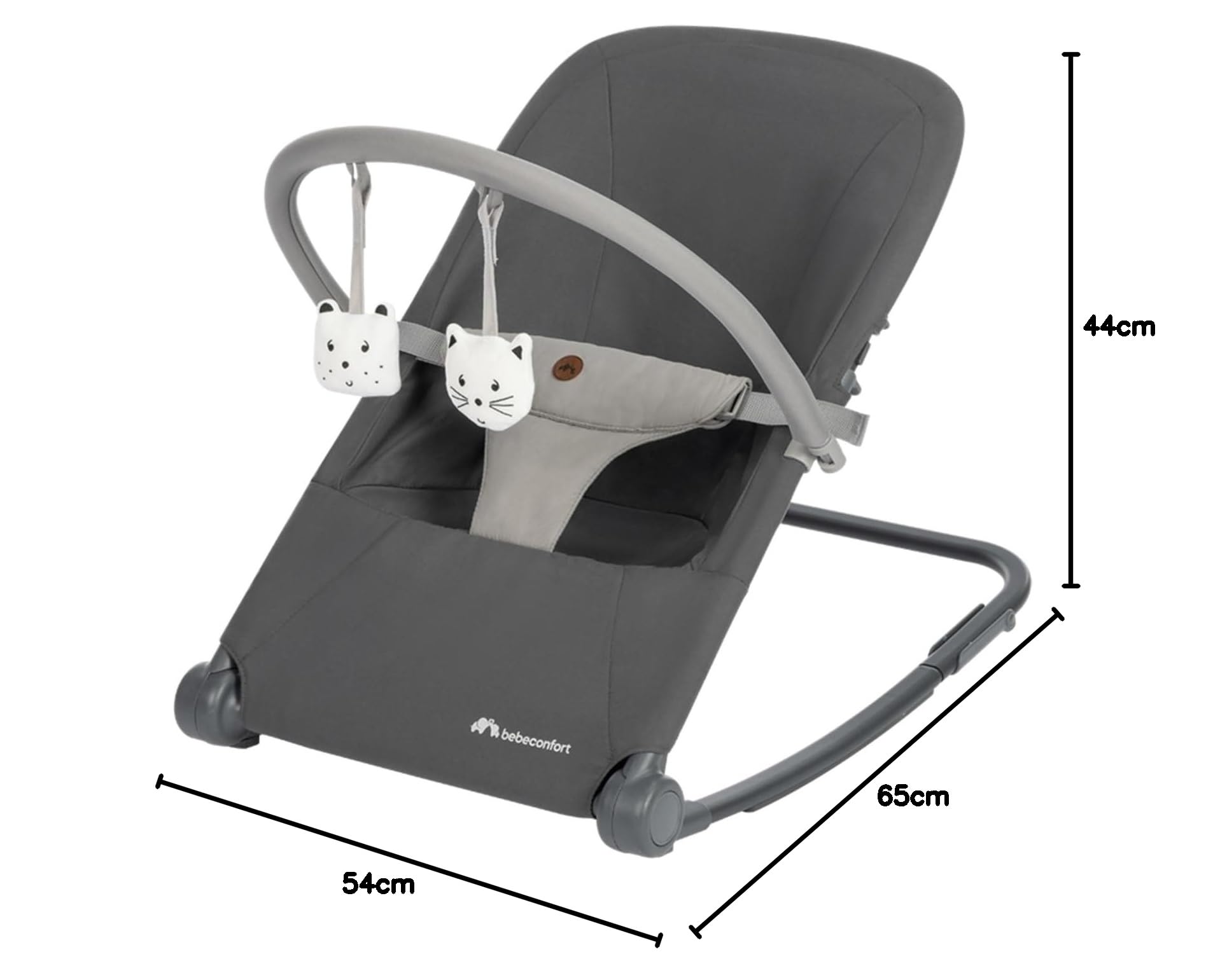 Bebeconfort Aster, Hamaca Bebé, 0–2 años, Ligera (2,7 kg), Portátil, Ultracompacto Plegable, Respaldo Regulable, Arco de Juguetes Extraíble, Arnés de 3 puntos, Modo Fijo, Tinted Graphite