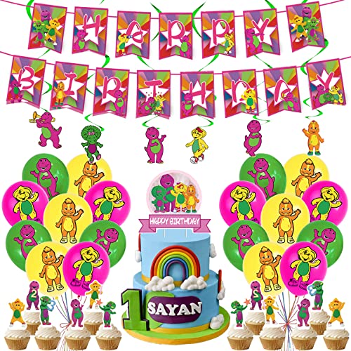 Barney Birthday Party Decoration, Include Barney Happy Birthday Banner, Hanging Swirls, Cake Topper,...