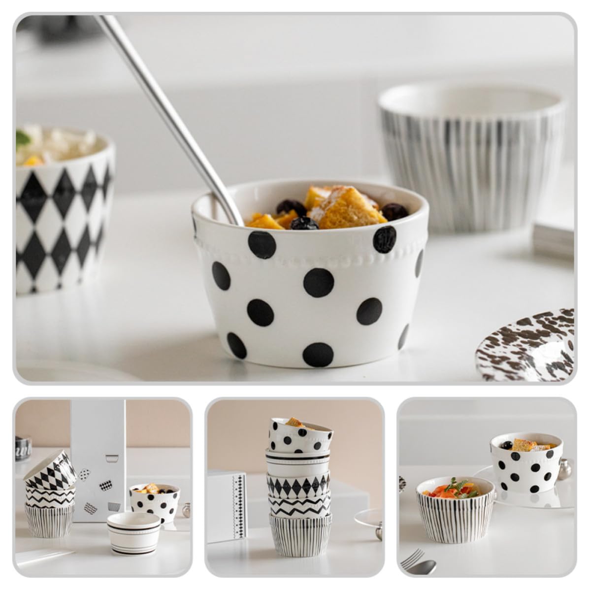 Set di 5 Ciotole da Riso in Ceramica 330ml per Casa | Fondo Antiscivolo, Resistenza alla Rottura, Stile Bianco e Nero, Confezione in Scatola