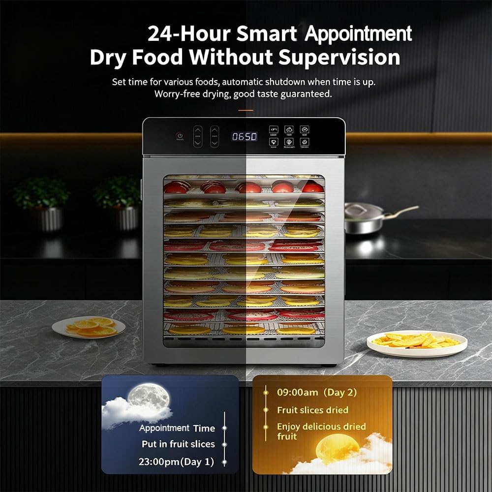 Essiccatore per Alimenti professionale 800W in Acciaio Inox, 10 Vassoi in Acciaio Inox, Grande Capacità, Display LED, Timer 24H, Temperatura Regolabile 30℃ – 90℃, per Carne, Frutta, Verdure(10 tray)