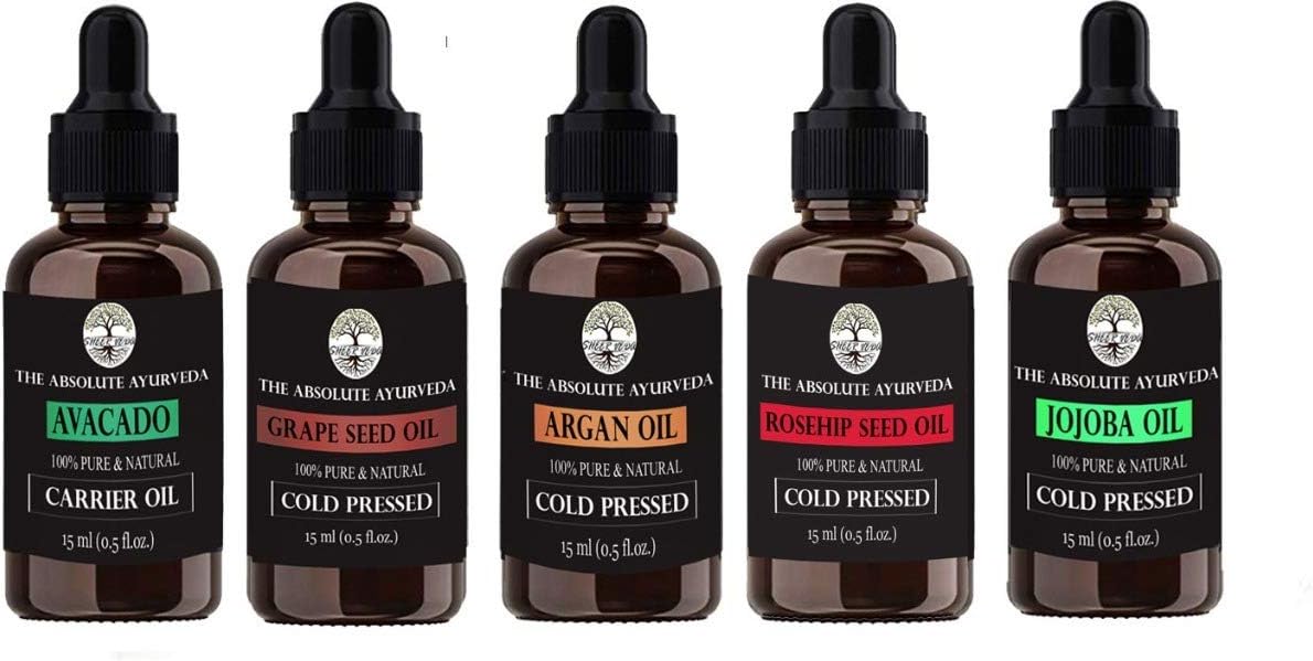 Sheer Veda Essential oils (EO), Carrier oils 15 ML Each -Set of 5, Combo Pack, Gift Set. (Carrier Oil-Argan/Rosehip/Jojoba/Grapeseed/Avocado)