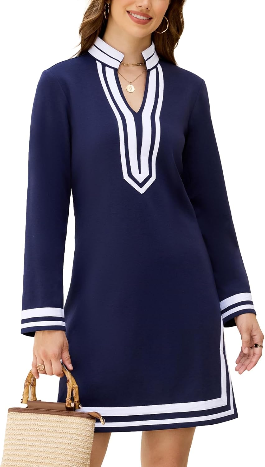 Women's Color Block Shift Mini Dress Long Sleeve V Neck Casual Tunic Dress