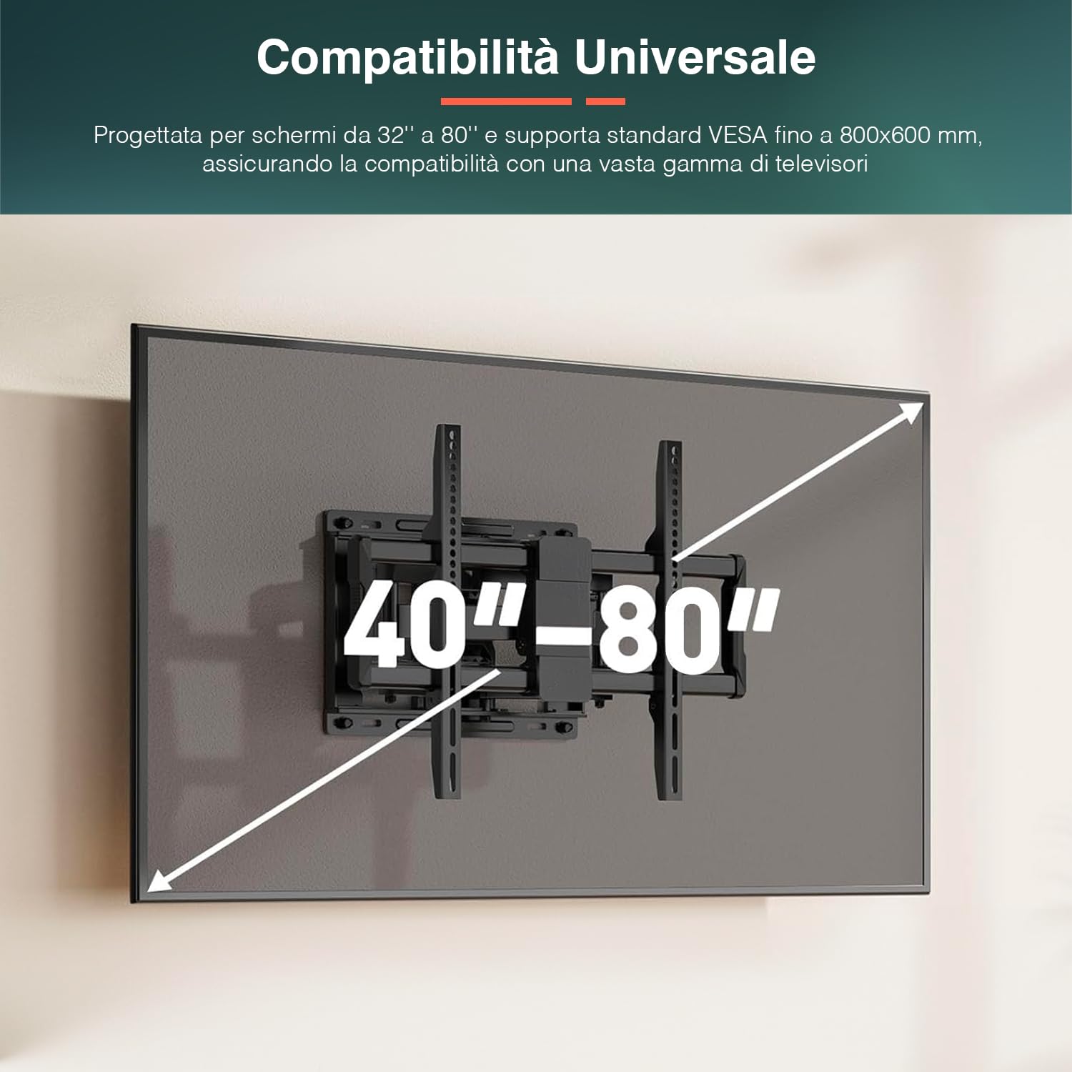 Soporte TV Full Motion 32"-80" – Soporte TV de pared giratorio e inclinable, extensible hasta 605 mm, VESA hasta 800 x 600, carga máxima 75 kg, negro