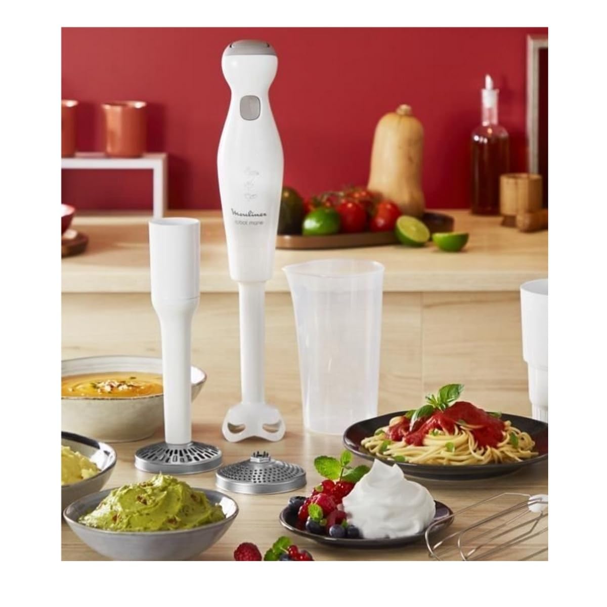Moulinex Batidora de mano Robot Marie Batidora 450 W 2 velocidades función TURBO batidora de inmersión 2 cuchillas acero inoxidable de larga duración prensapuré doble batidor filtro de lechada