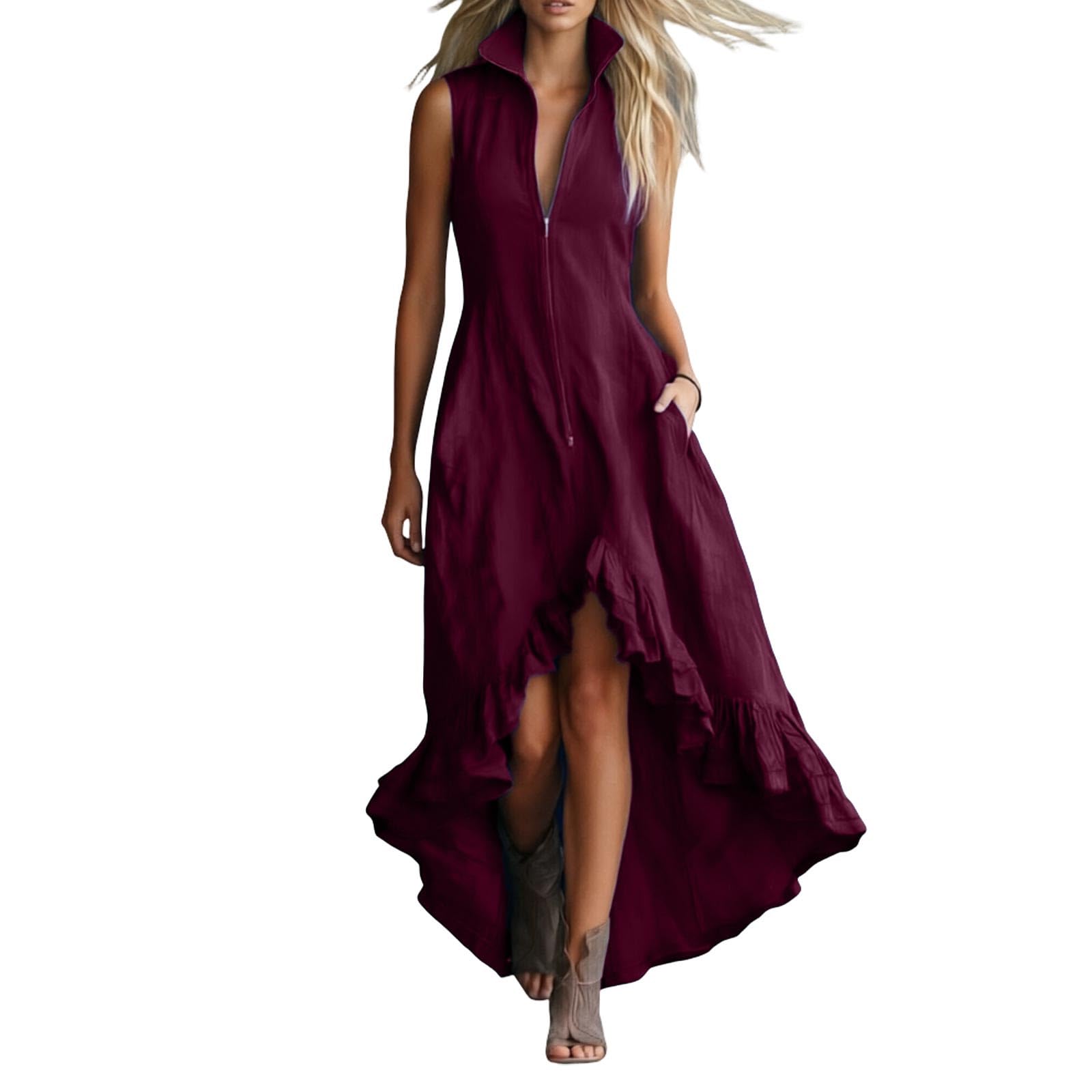 Generisch Vestido casual sin mangas con cremallera trasera diseño liso elegante escote volantes adecuado para el día a día, ocio, vacaciones, vestido de mujer