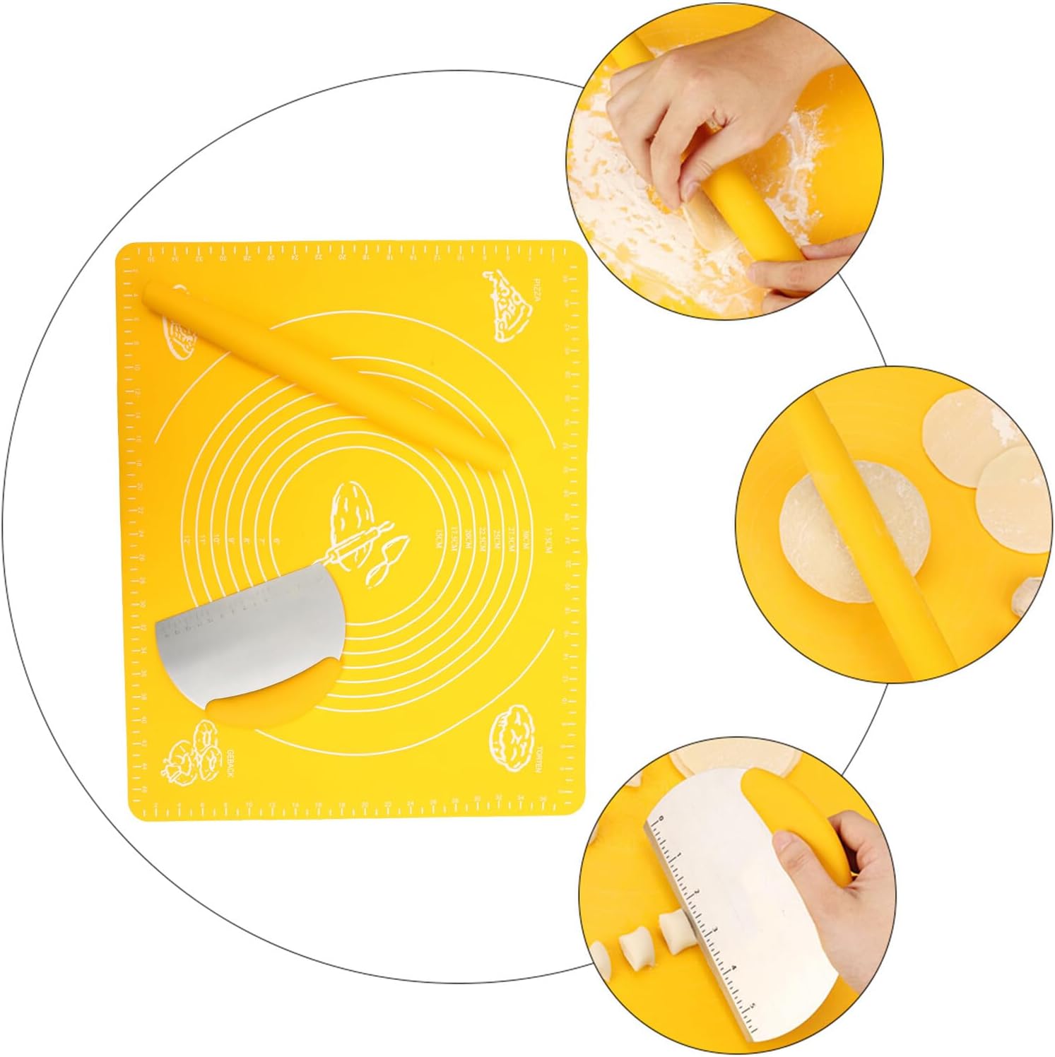 3pcs Multifunctional Non-stick Dough Mat with Practical Dumpling Rolling Pin and Stainless Steel Scaled Dough Scraper for Baking Pastries Pizza and Handmade Noodles