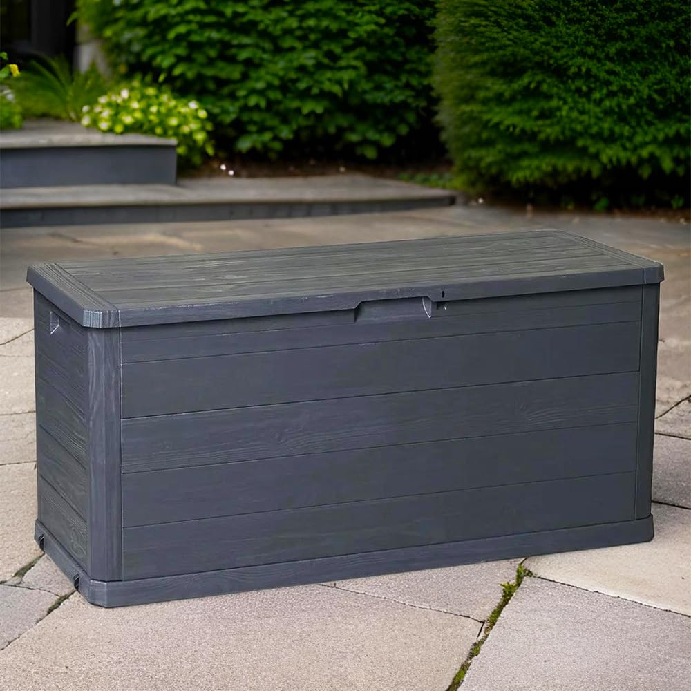 Baule Cassapanca 280 Litri Effetto Legno Contenitore Stoccaggio in Resina Antracite Dimensioni 117x45x56h cm da Esterno Resistente ai Raggi Uv -