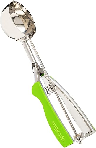 Cuchara de acero inoxidable para helado y galletas, tamaño grande, con agarres de goma verde, diseño de palanca con resorte, para sorbete, melón,