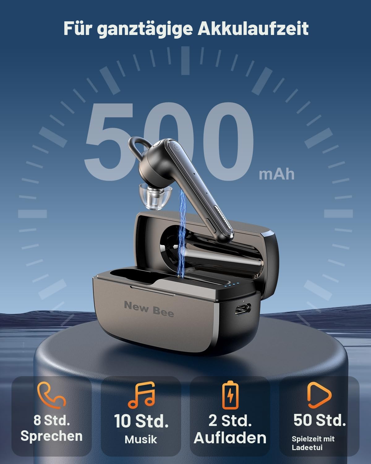 New Bee Bluetooth Headset Ultraleicht Wireless Freisprech Headset V5.1, CVC 8.0 Dual ENC Geräuschunterdrückung Mikrofon 50h Gesprächszeit Bluetooth-Ohrhörer mit Ladecase für iPhone,Android,Laptop