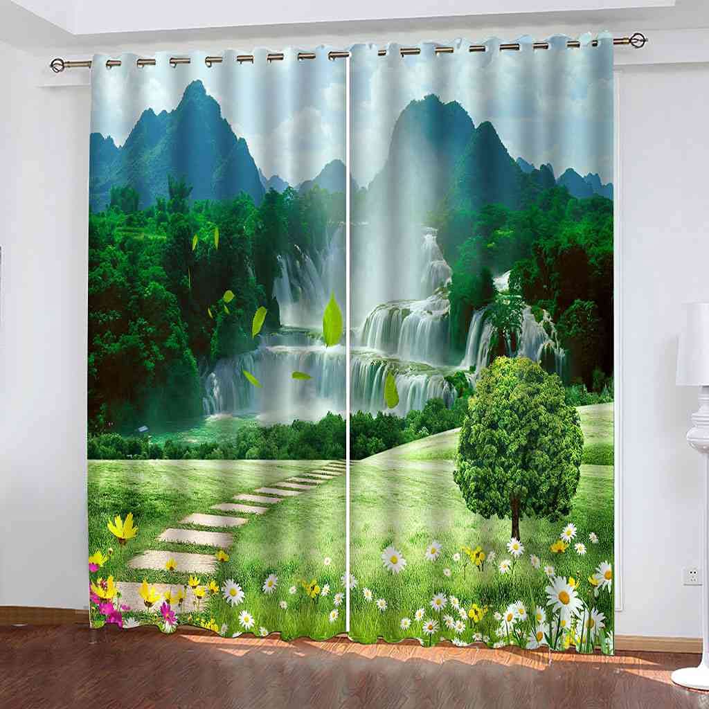 Rideau Occultant Paysage de Cascade Forêt 300x250cm | Lot de 2 Rideaux Thermiques pour Salon