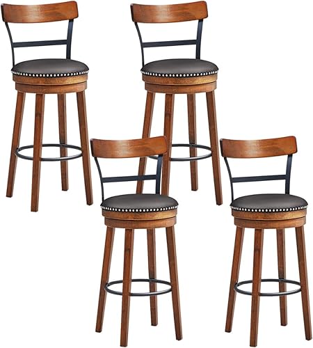 Miniatura 20 de COSTWAY Juego de 2 taburetes de bar, taburetes giratorios de 360 grados con asiento acolchado de cuero, respaldo de escalera de un solo listón y