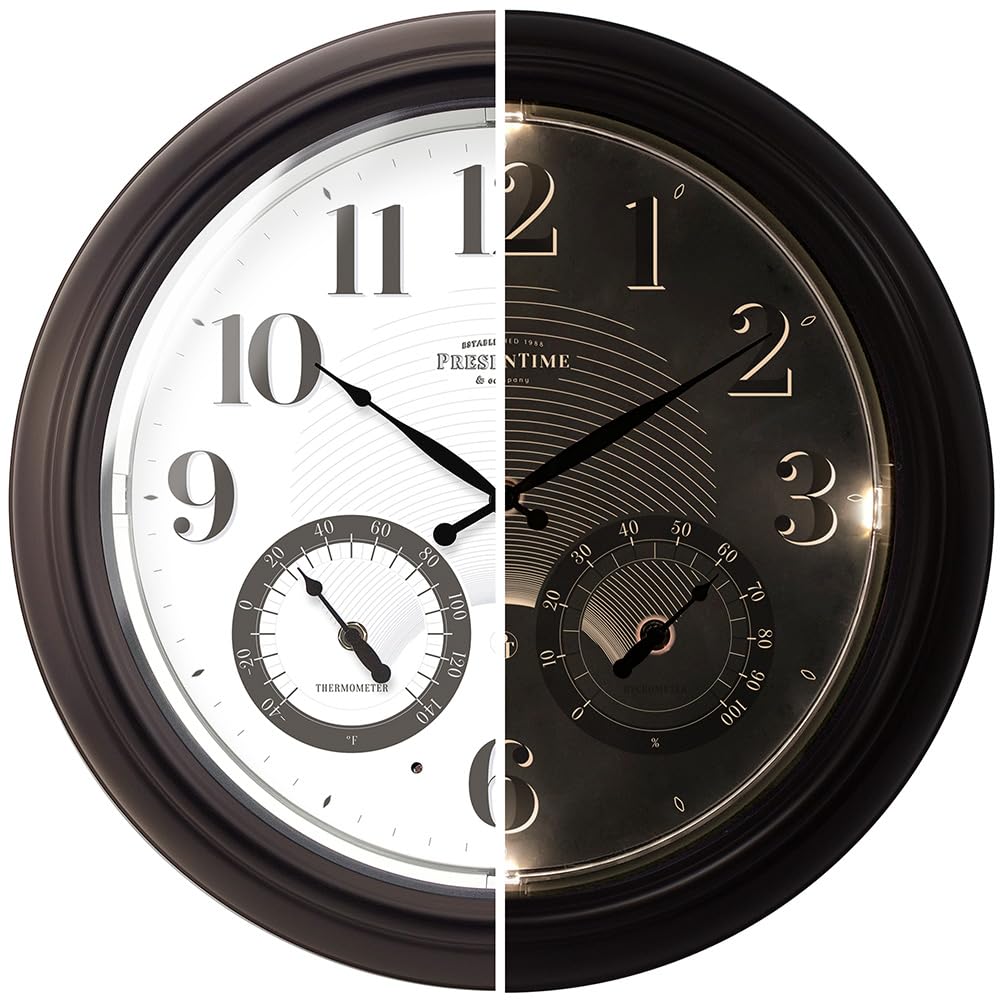Presentime & Co 18" Illuminated in/Outdoor Clock with Smart Sensor and Night Light, Waterproof, Large Wall Clock with Thermometer & Hygrometer, for Garden and Patio - Oil Rubbed Bronze.-image-39