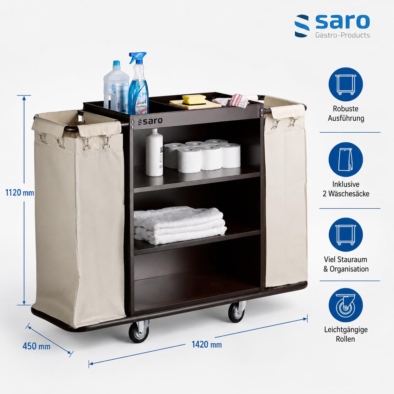SARO Zimmerservicewagen für Hotellerie & Reinigung – Mit 2 abnehmbaren Wäschesäcken – Stahl, rotbraun – Gummi-Stoßschutz – 142×45×112 cm – Modell AF 258