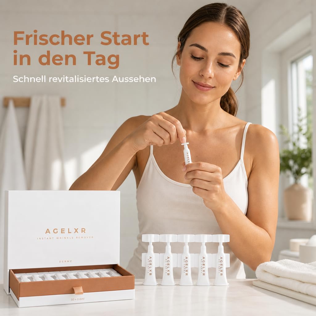 Dermz AGELXR Augenserum mit Argireline® gegen Augenringe & Falten | 30 Ampullen (je 0,6 ml) für ca. 12 Wochen · für Tränensäcke, Augenringe & Fältchen · Soforteffekt, sichtbar glattere Haut
