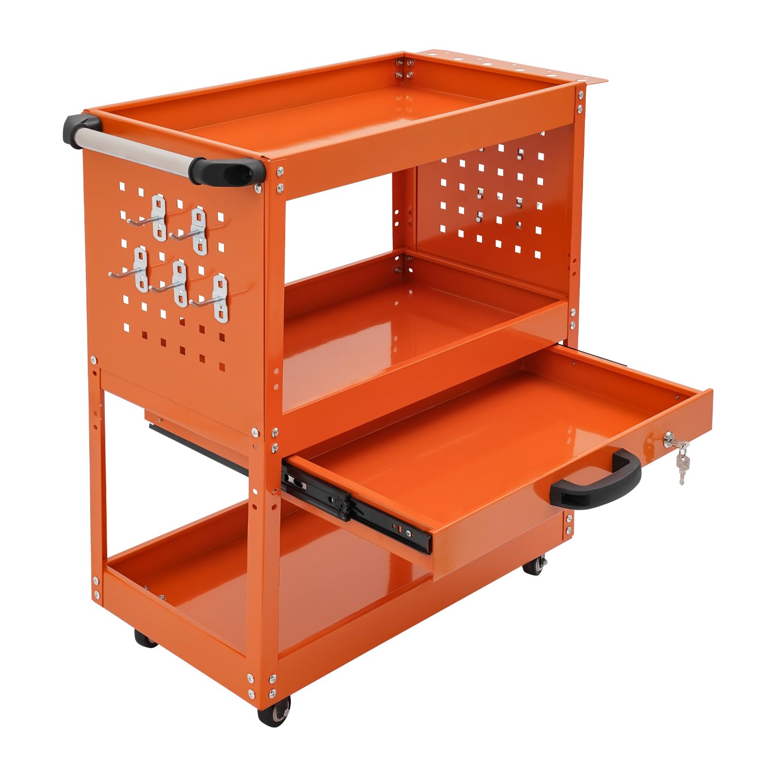 Carrello da officina a 3 ripiani con cassetto, portata 250 kg, carrello per attrezzi, per magazzino, garage, officina (arancione)