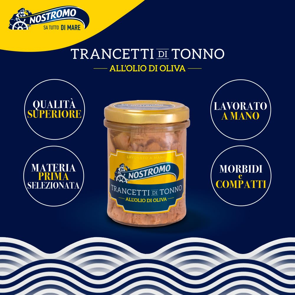 Nostromo - Trancetti di tonno all'olio di oliva, 6 vasetti da 180gr. Qualità superiore, lavorati a mano, fonte di Omega 3