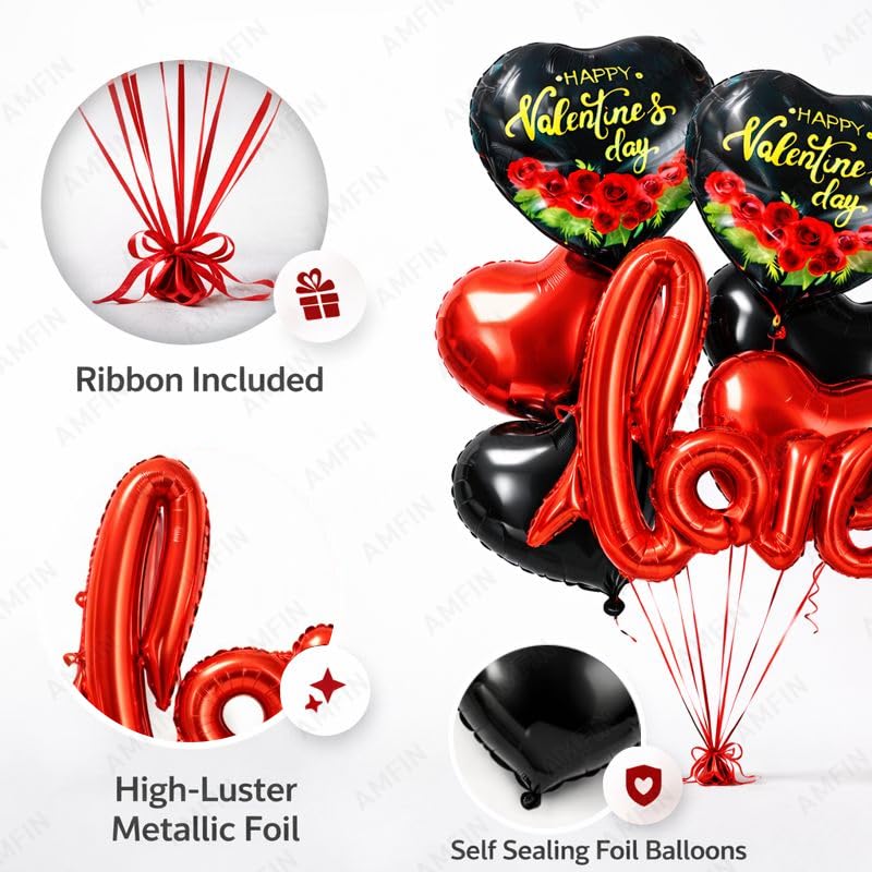 Image of AMFIN (Pack of 7) Happy Valentine's Day Foil Balloon Bouquet Love Cursive Heart Romantic Decoration Item - Red Black