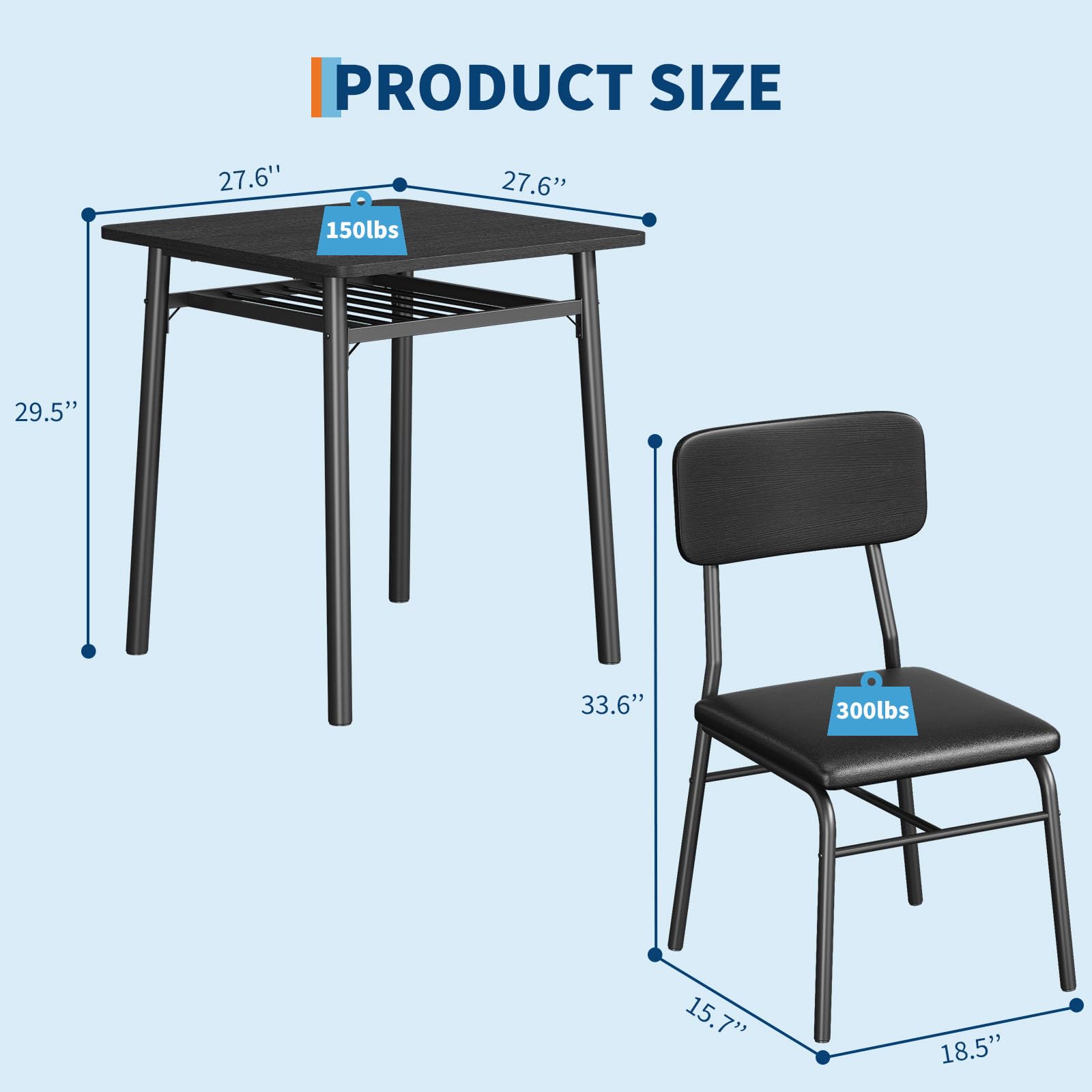 Ensemble Table à Manger avec 2 Chaises, Table de Cuisine, Chaise Rembourré Cuir, Noir