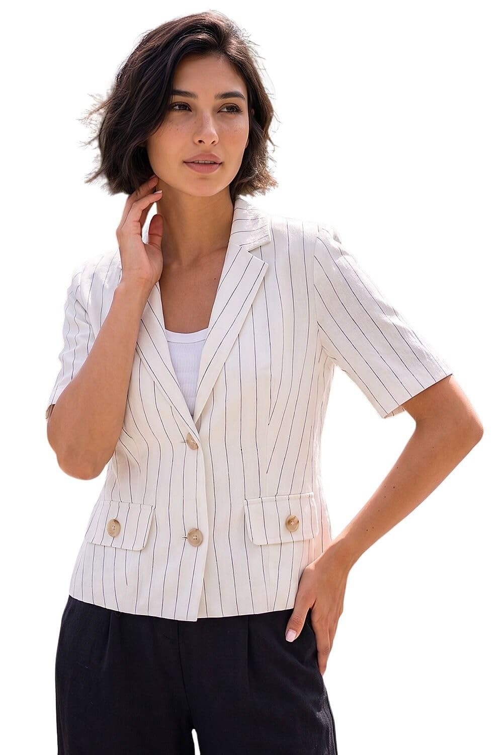 Roman Originals Women's Petite White Roman Petite Linen Mix Buttoned Jacket For Uk - Everyday Holiday Spring Summer V-Neckline Comfy Soft Evening Vacation Work Party - Size 14