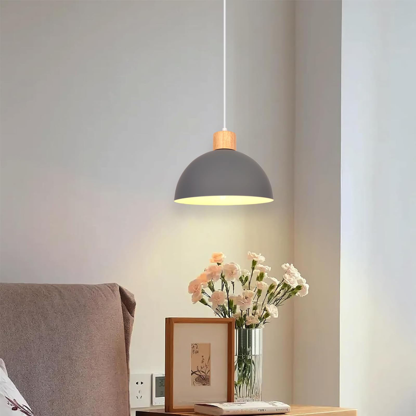 iDEGU 25cm Retro Pendant Light E27 LED Ceiling Light Modern Scandinavian Style Hemisphere Hanging Lampshade Metal Wood Pendant Light Fixture for Bedroom Dining Room Kitchen Restaurant (Grey) - Image 4