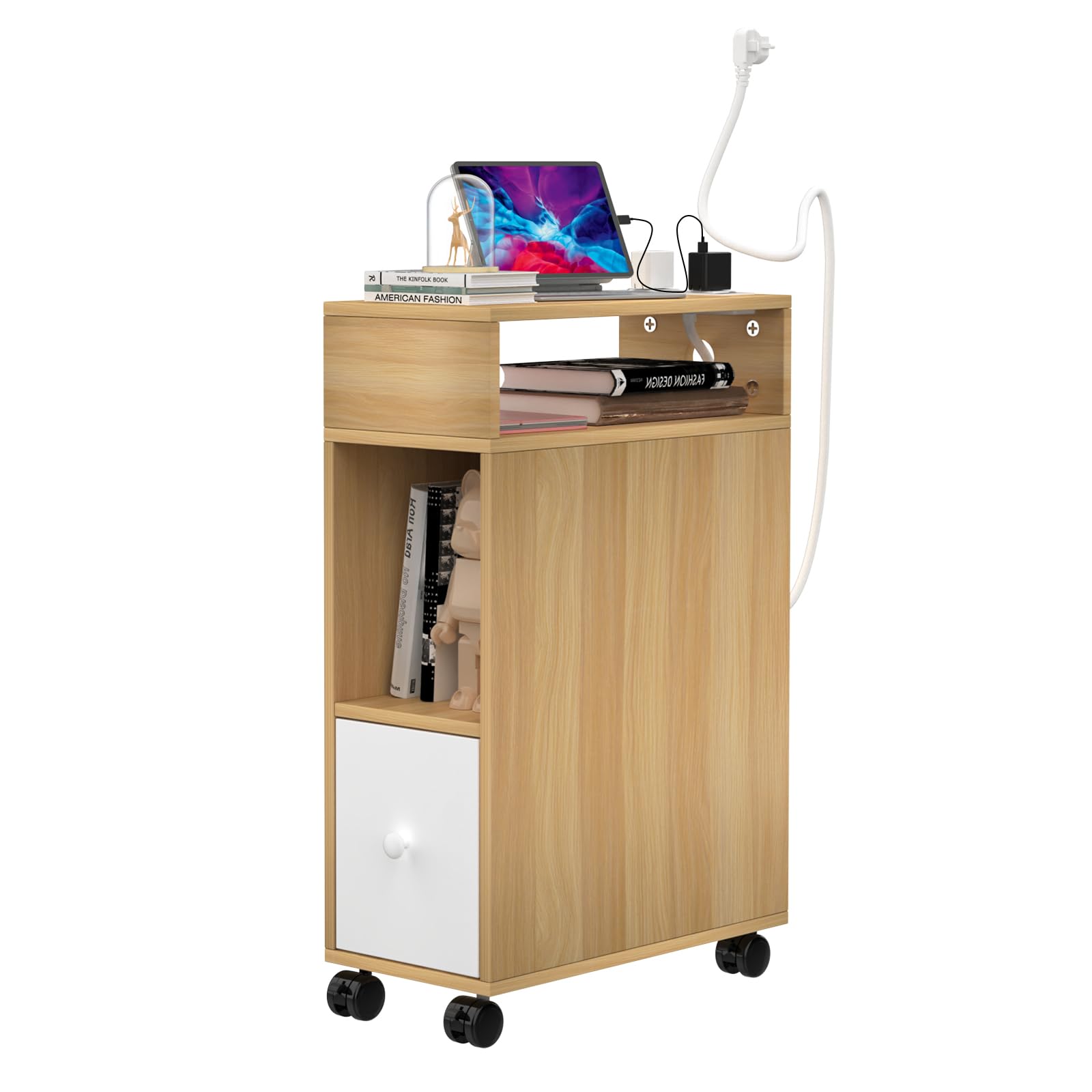 Mesilla de Noche Estrecha con Estación de Carga, Mesita de Noche con Puertos USB, Mesita Auxiliar con Cajones y Estante, Mesita de Noche Para Habitaciones Pequeñas, Mesa Auxiliar con Ruedas