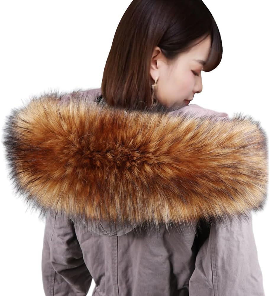 ECYC Women Faux Fur Collar, Plush Neck Warmer Scarf Wrap Artificial Fur Hood Trim Furry Replacement Collar Shawl for Women