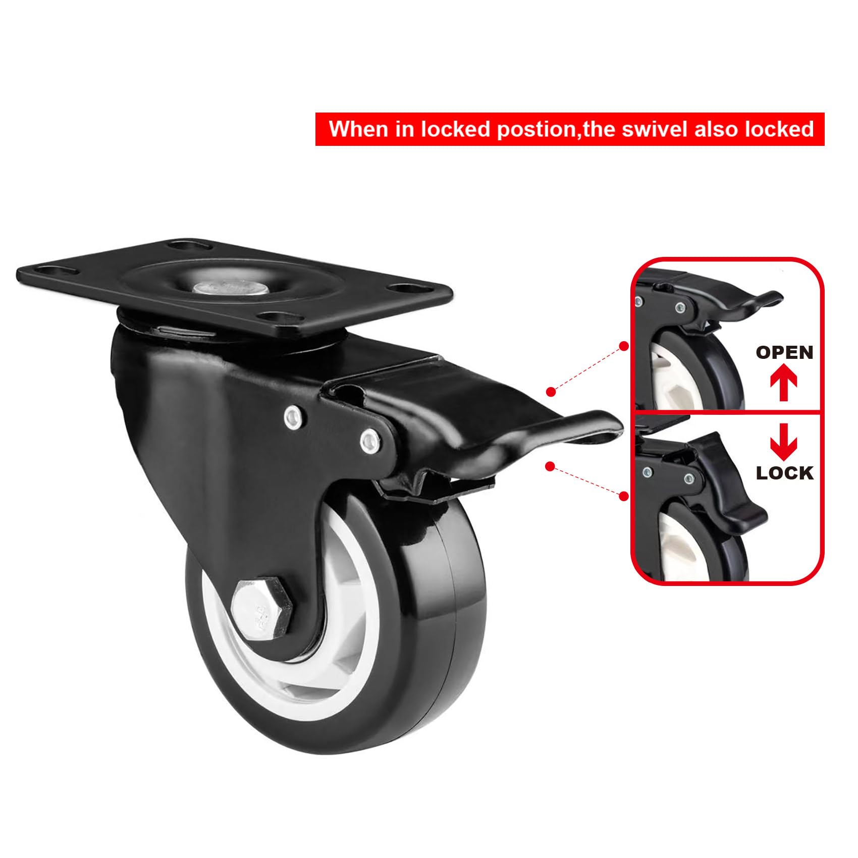 Ruedas, ruedas giratorias de 3 pulgadas, juego de 4 ruedas de alta resistencia – Ruedas de bloqueo CLOATFET con freno (placa superior), ruedas negras que no dejan marcas para carrito muebles banco de