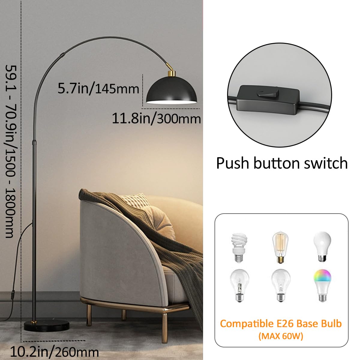 Nowoczesna minimalistyczna lampa podłogowa 180 cm (70,9 cala) z łukowatym metalowym kloszem, idealna do salonu, jadalni lub klasy. Złoty kolor. Regulowana wysokość, Wiszący klosz w