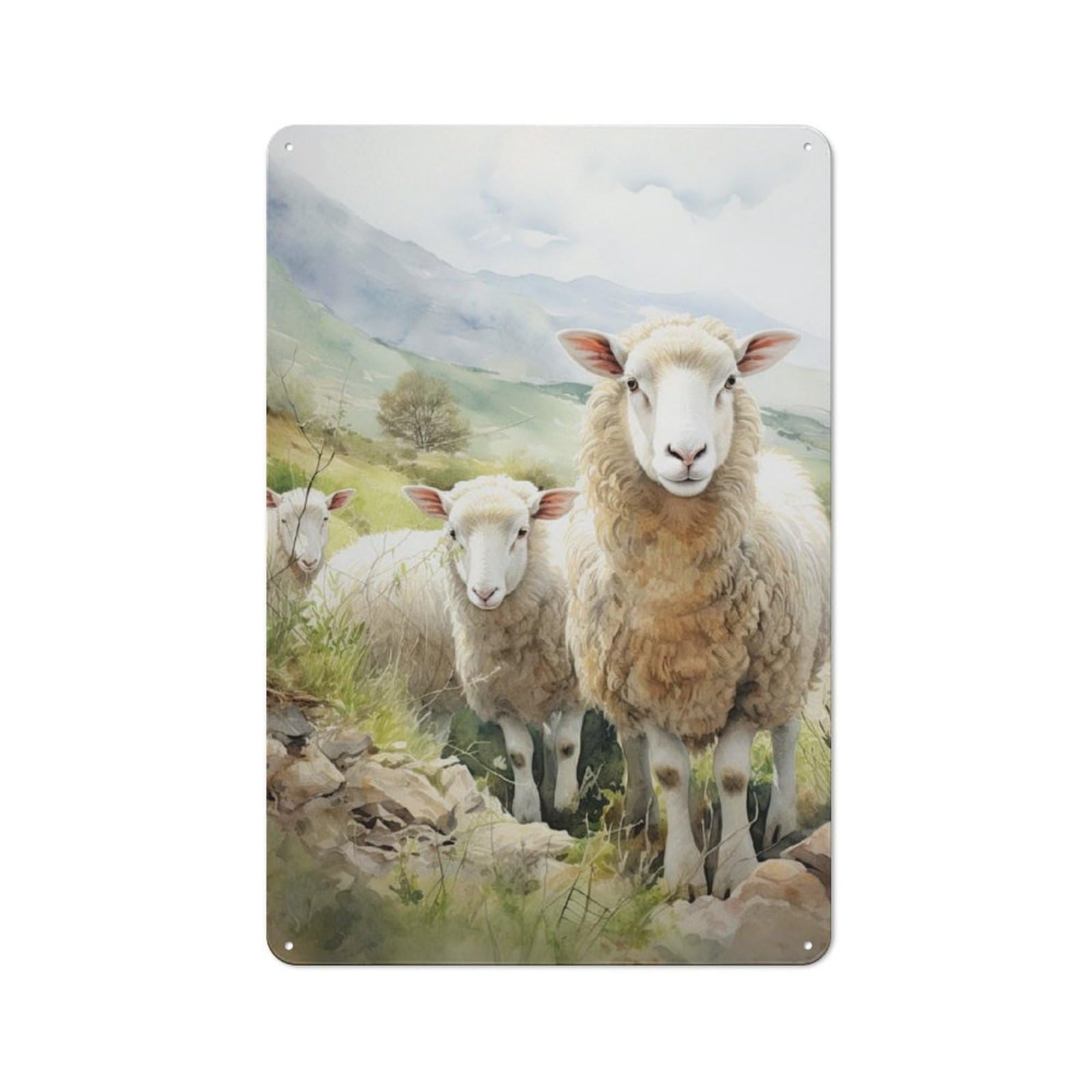 Junmoney Sheep Watercolor Metal Wall Sign 30X20cm Featuring For Living Room Wall, A Decorative Gift For A Newly Furnished Living Room