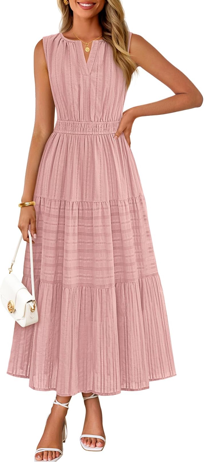 MEROKEETY Womens Summer Casual Midi Maxi Dress 2026 Beach Vacation Sleeveless Boho V Neck Cotton Modest Long Dresses Pockets