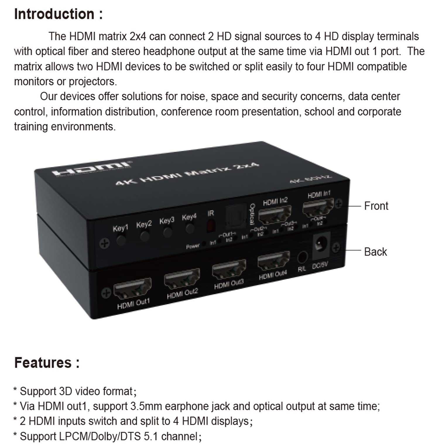 4K HDMI Matrix 2X4,4K 60Hz HDMI Matrix 2x4 Per Dolby HDMI Splitter Switch 2 In 4 out 4K 60Hz Matrix hdmi Interruttore Con Audio R/L Per PC a TV Monitor (2X4)