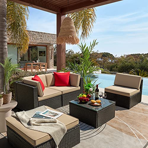 Tuoze 5 Pieces Patio Furniture Sectional Outdoor Pe Rattan Wicker Lawn Conversation Cushioned Garden Sofa Set With Glass Coffee Table (Beige) #TOP1