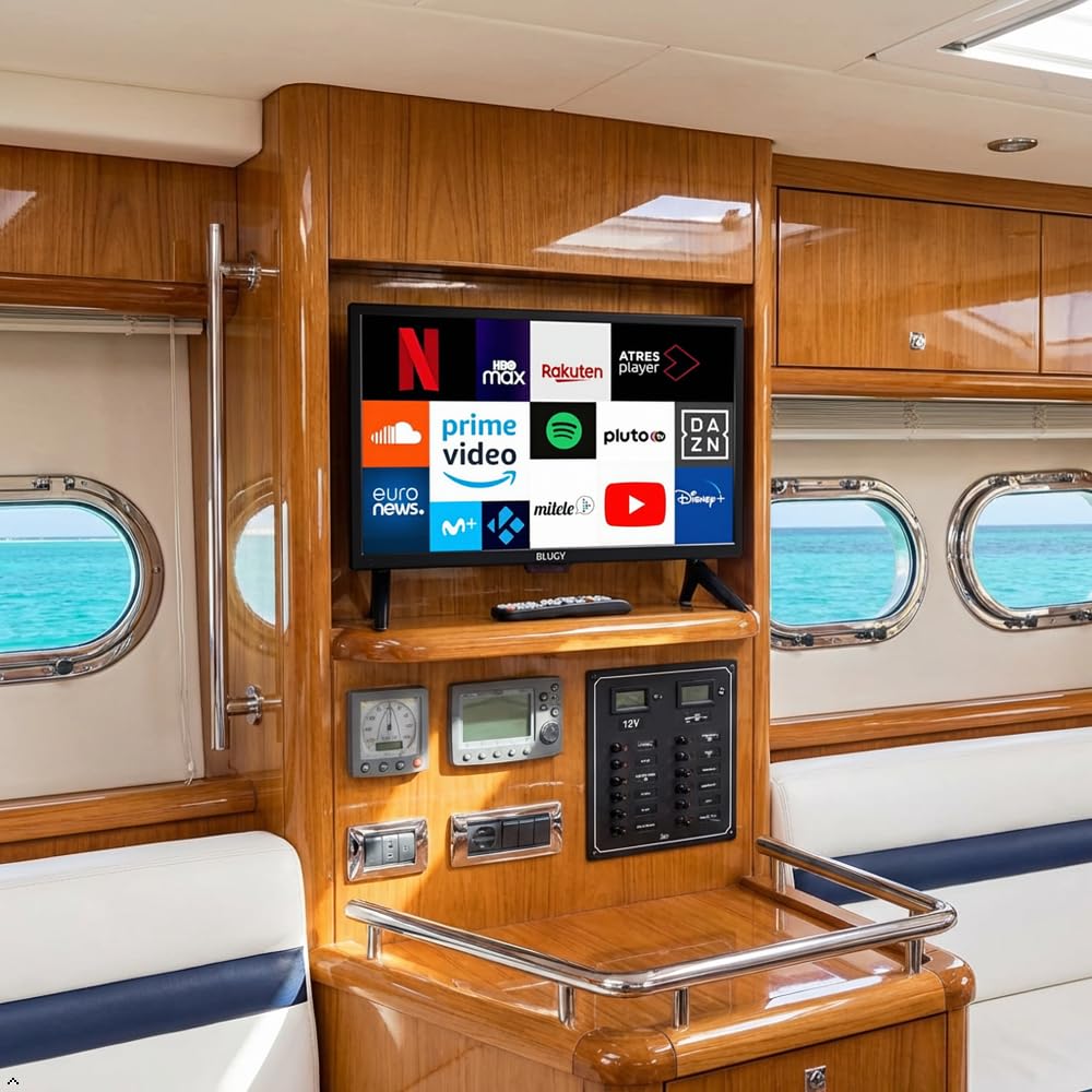 Televisión Smart 19" LED HD, 12V, 1366x768 píxeles Travel TV Ideal para vehículos, caravanas, Camiones, Barco, Altavoz Integrado Disney+ Netflix Youtube [Clase de eficiencia energética A]