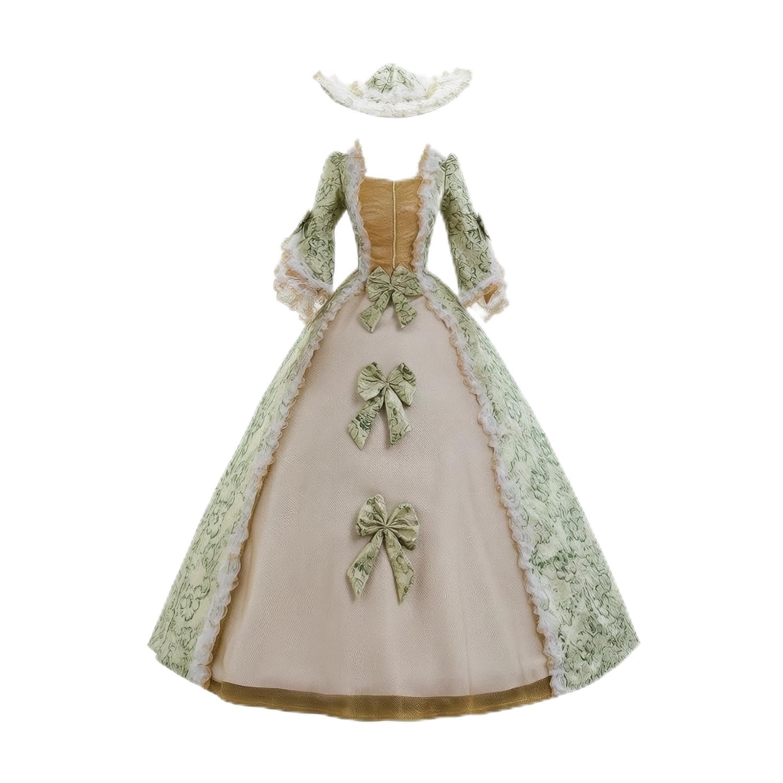 Abito da Performance Donna Abito Lungo Vestito con Corpino a Corsetto Scollo Quadrato Maniche a Palloncino Rifinito con Volant E Lacci in Poliestere, Verde Chiaro