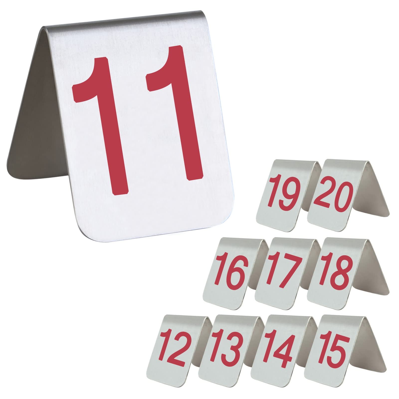 MYUYEE Tabletop Number Sign 1-10/20, Tent Style Table Cards Stackable, 7.5X6X6.5Cm, Stainless Steel Table Number For Restaurants, Metal Number Tags Red/Blue (Red-7.5X6X6.5Cm)