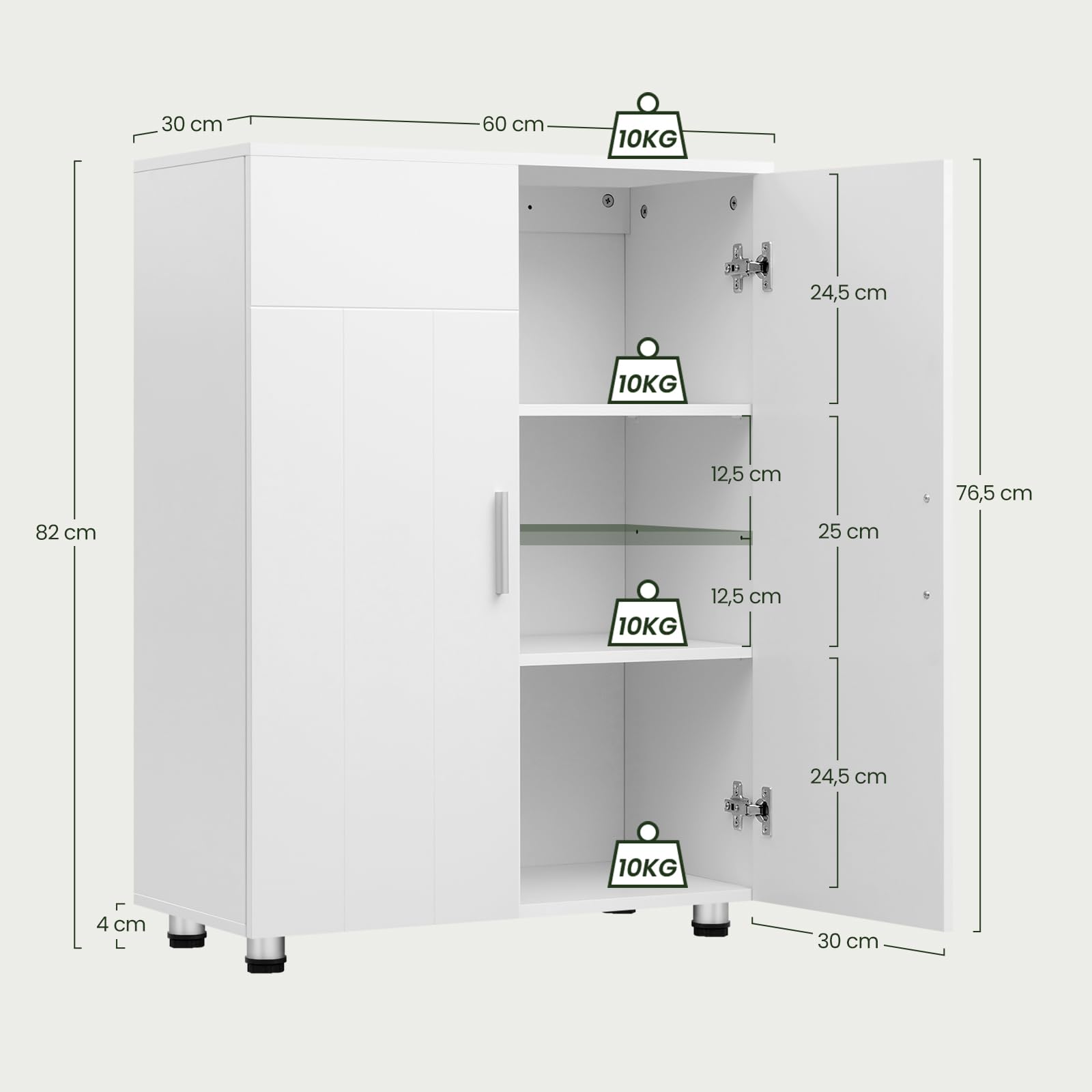 EUGAD Armario de Baño con 2 Puertas, Mueble Auxiliar con 2 Estantes, Armario Columna de Suelo para Cocina y Salón, Blanco, MDF, 60x30x82 cm