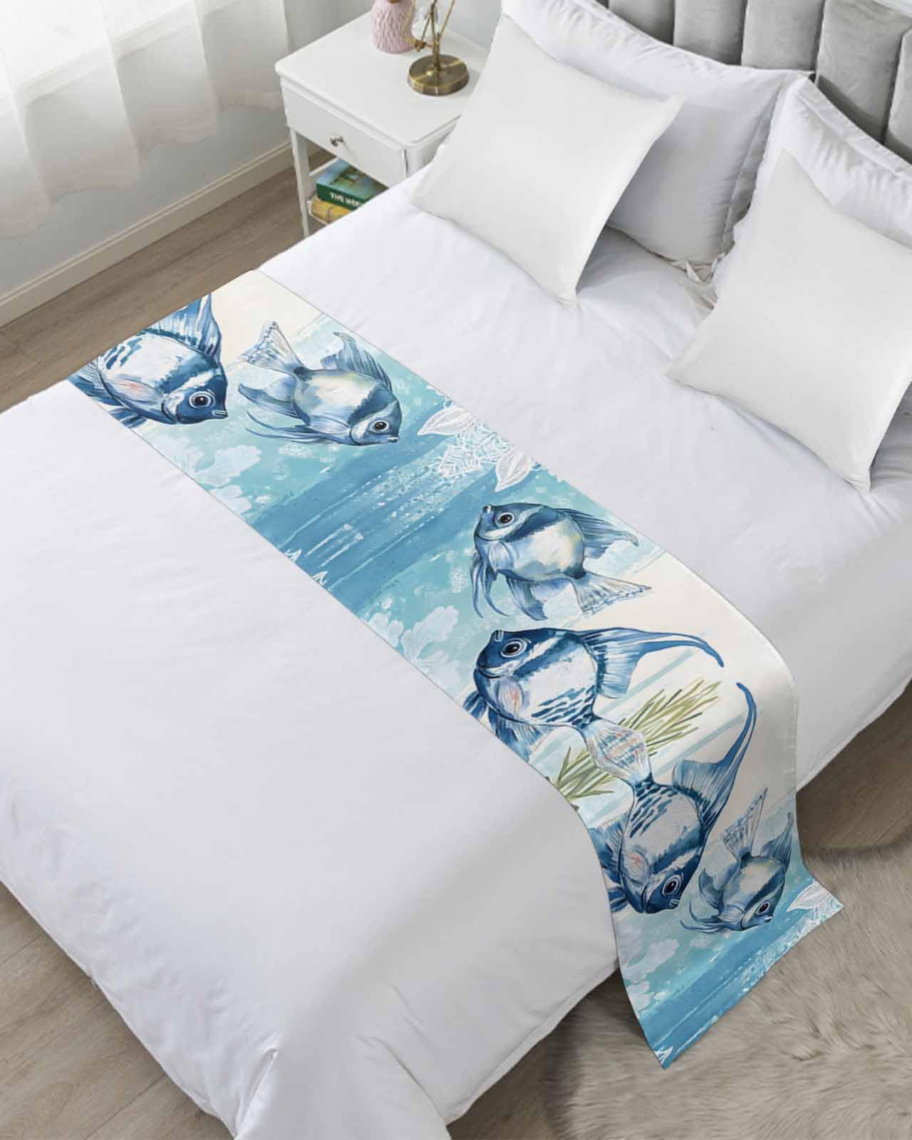 DecorLovee Summer Ocean Blue Bed Runners for King Size Bed, Decorative Bed Throws for Foot of Bed, Watercolor Fish Flower Bed Runner Sofa Throw Bedding Scarf Protector Slipcover for Bedroom/Hotel