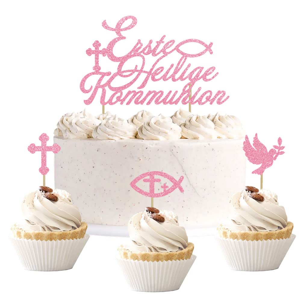 13 Stück Glitzer Tortendeko Kommunion Mädchen, Cake topper Taufe Deko für Erste Heilige Kommunion, Mädchen Tortendeko Taufe Konfirmation (Rose)