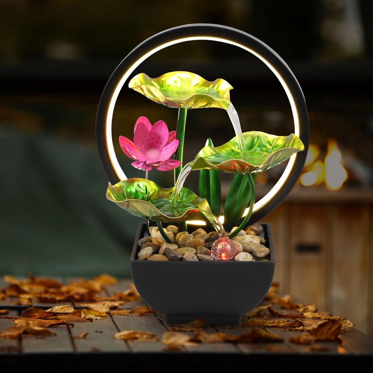 Indoor Tabletop Fountain Water Feature with Rocks & LED Ring Lights, 3-Tiers Leaf Small Waterfall Fountains, Desktop Fountains for Meditation Relaxation Bedroom Living Room Office Decor(Style B)