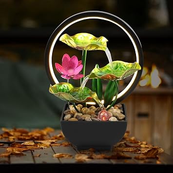 Indoor Tabletop Fountain Water Feature with Rocks & LED Ring Lights, 3-Tiers Leaf Small Waterfall Fountains, Desktop Fountains for Meditation Relaxation Bedroom Living Room Office DecorStyle B