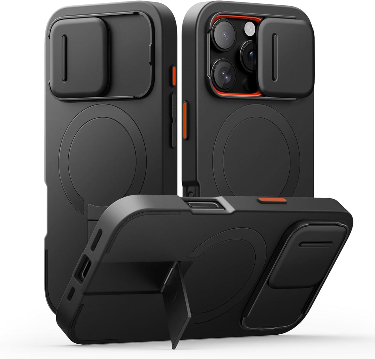 SURITCH Magnetisch hülle Kompatibel mit iPhone 16 Pro, Stoßfest Handyhülle Kratzfest Schutzhülle mit Kameraabdeckung schieben und verstellbarem Kickstand(schwarz)