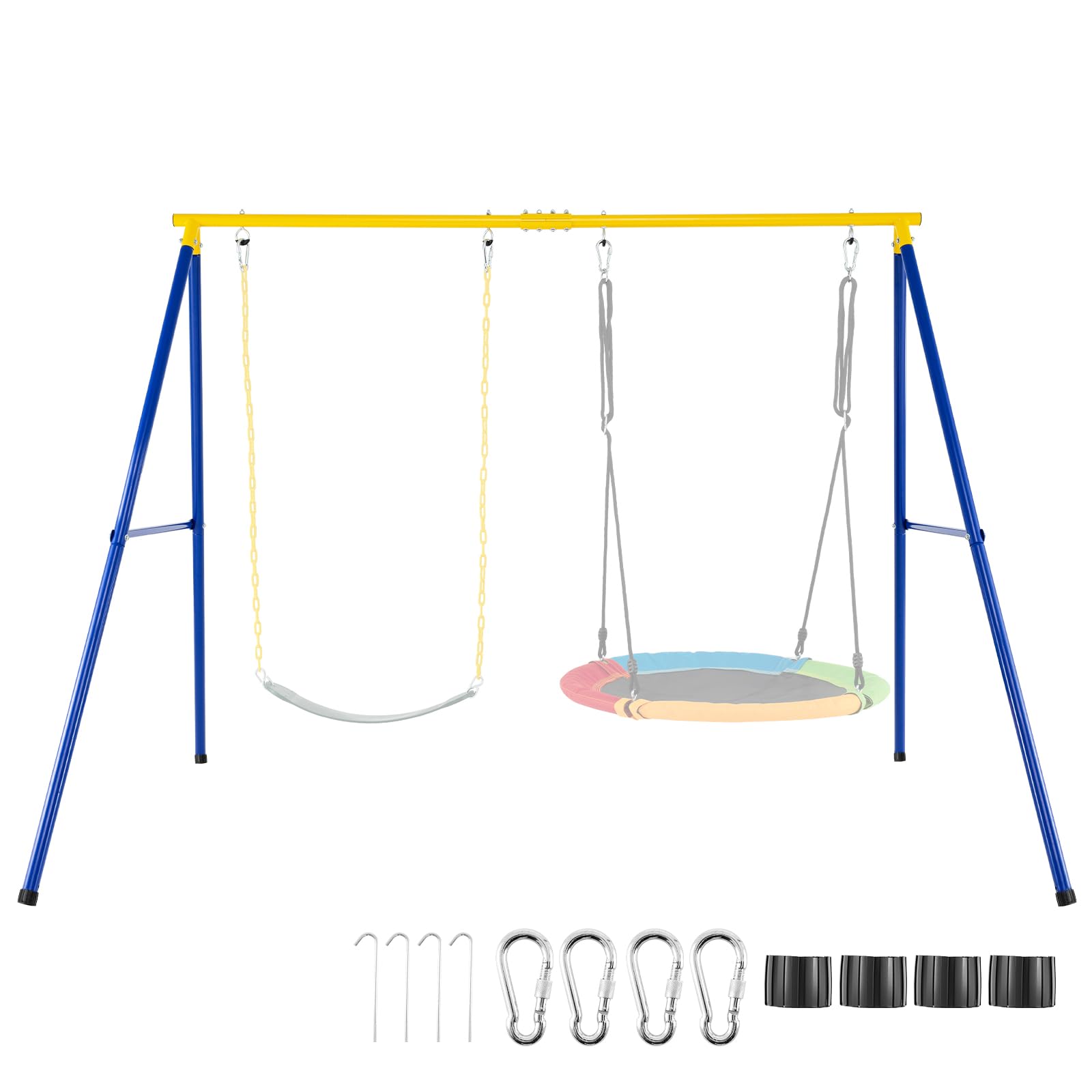 FANTASK Outdoor Schaukelgestell, Schaukelgerüst Metall mit Bodenanker, Rutschfester Fußkappe, Schaukel Gestell bis 300 kg belastbar, Doppelschaukel (Nur Gestell) (Blau-gelb)